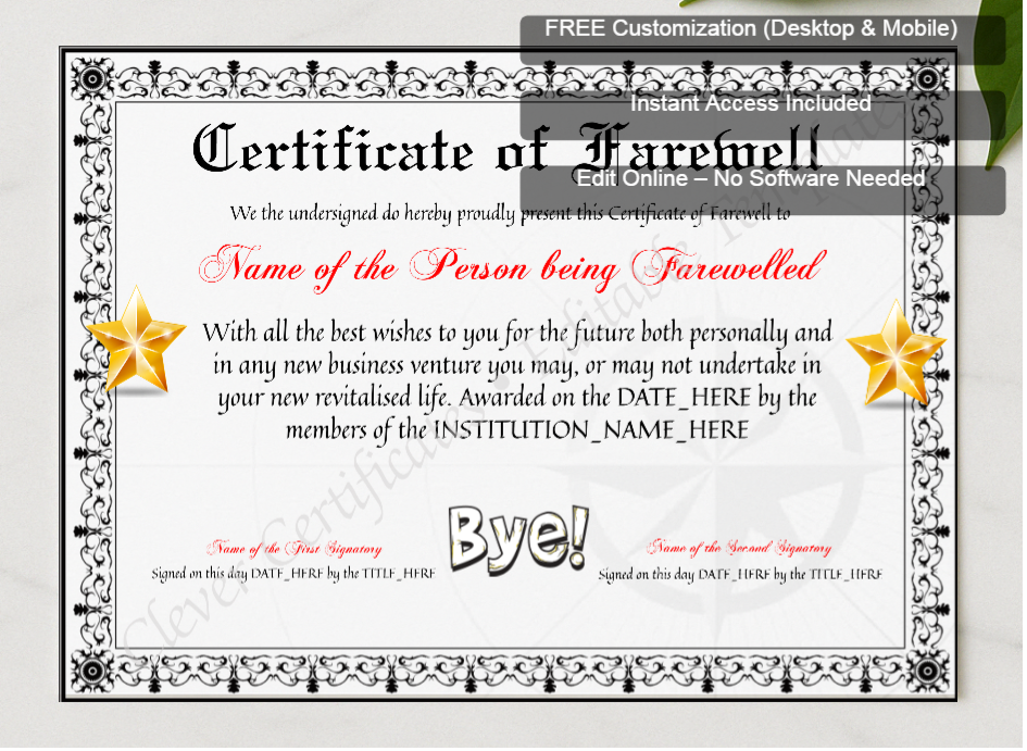 Framed preview featuring Free Editor badge stack for Customizable Elegant Certificate Of Farewell