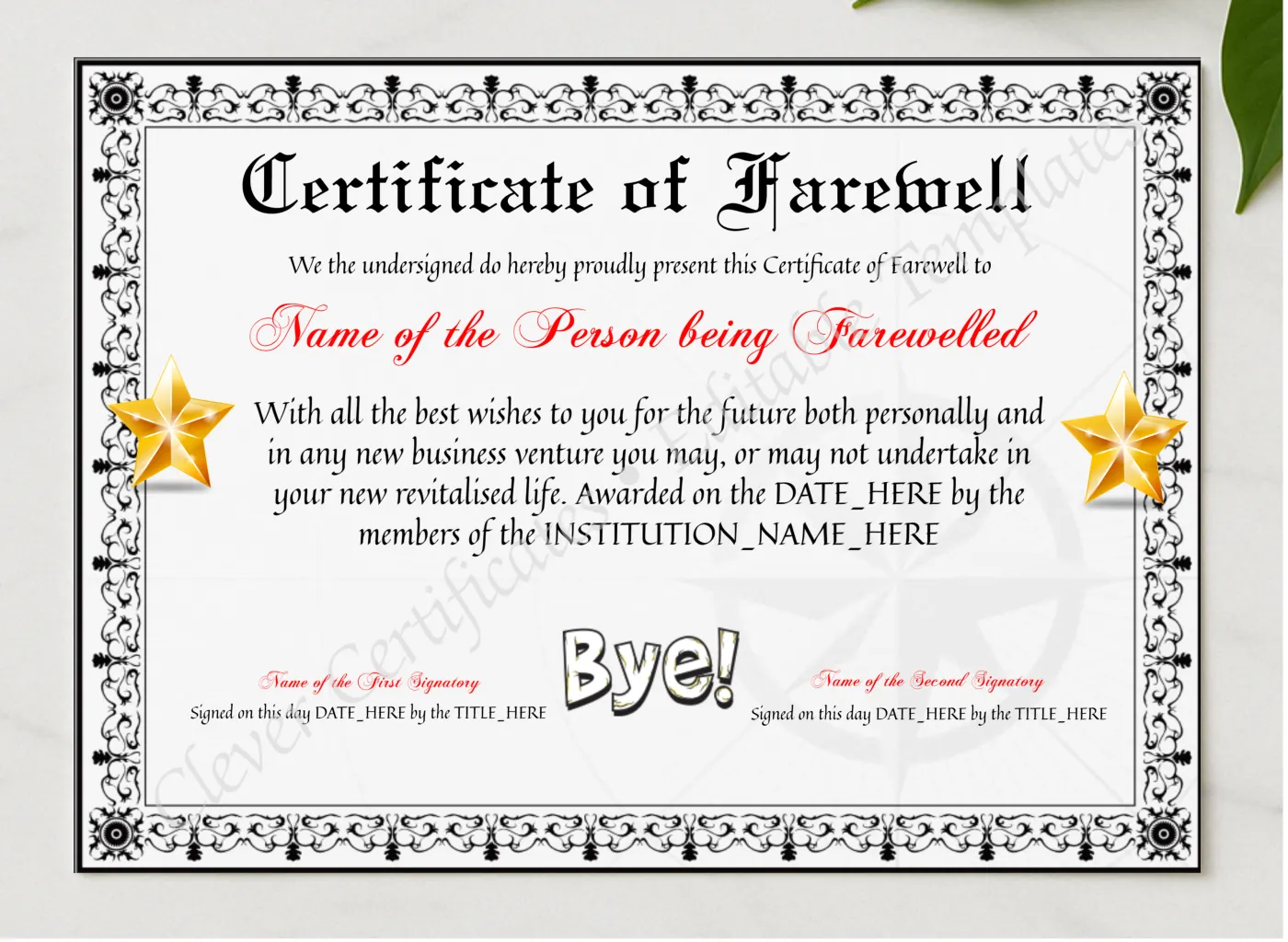 Customizable Elegant Certificate Of Farewell presented in a sleek wooden frame, elegantly arranged on a stylish table.