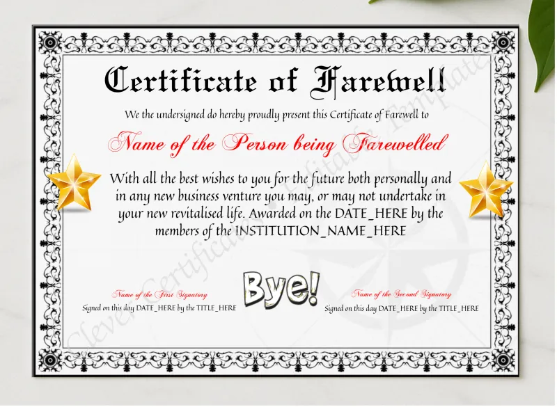 Customizable Elegant Certificate Of Farewell presented in a sleek wooden frame, elegantly arranged on a stylish table.