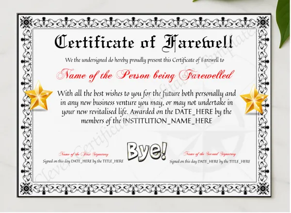 Customizable Elegant Certificate Of Farewell presented in a sleek wooden frame, elegantly arranged on a stylish table.