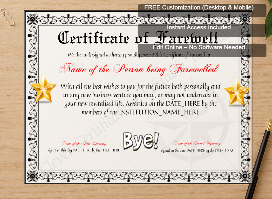 Zoomed preview with Free Editor badge stack for Customizable Elegant Certificate Of Farewell