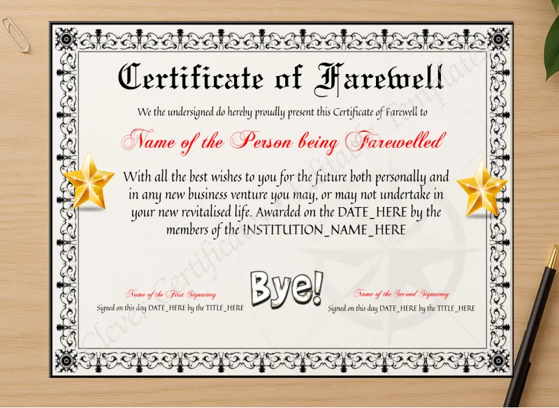 Professional preview of Customizable Elegant Certificate Of Farewell certificate on high-quality stationery paper, ideal for showcasing the final look.