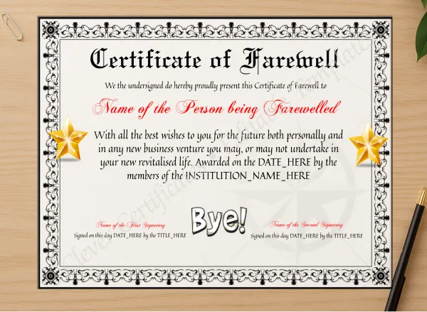 Professional preview of Customizable Elegant Certificate Of Farewell certificate on high-quality stationery paper, ideal for showcasing the final look.