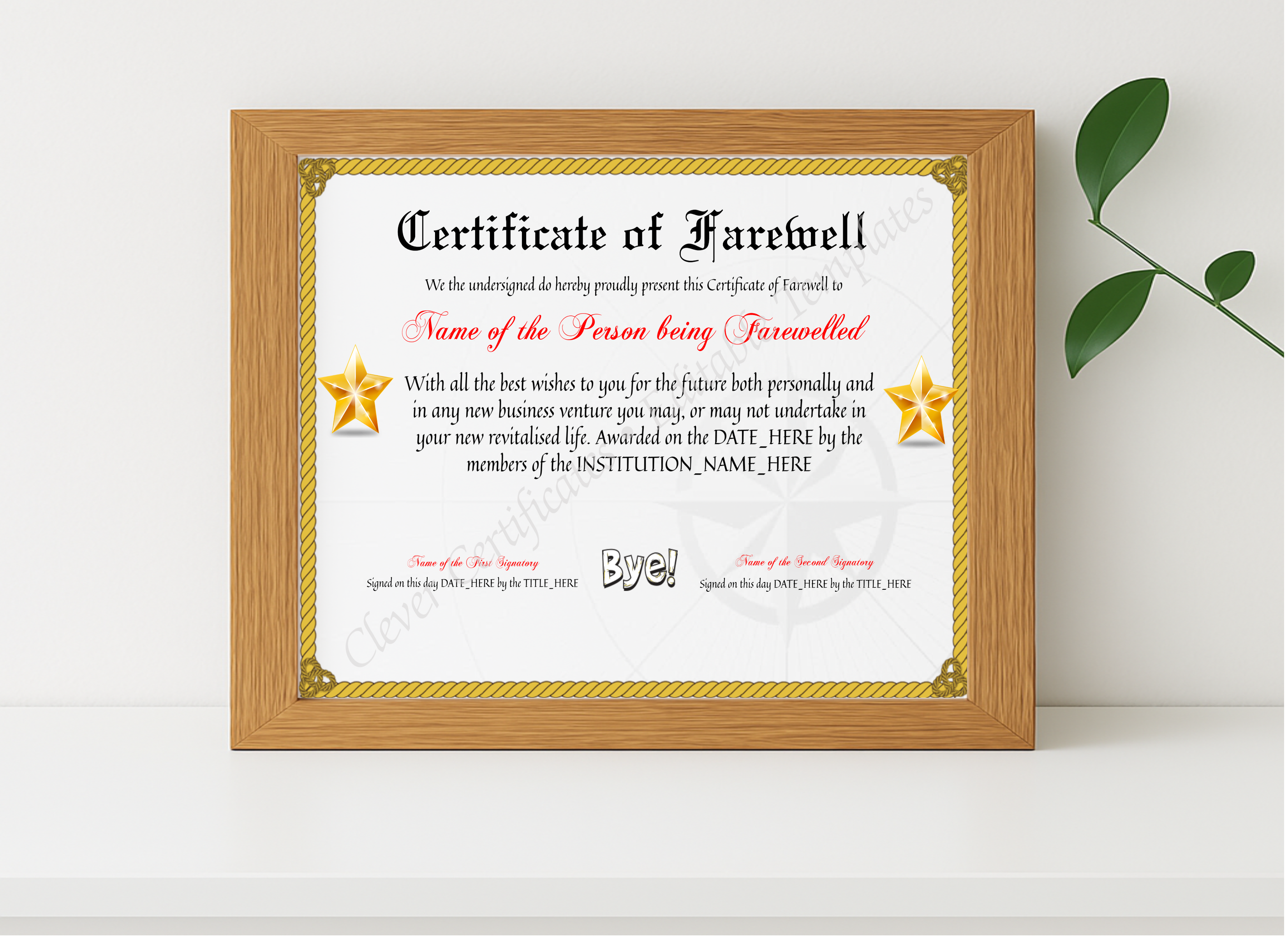 Realistic mockup featuring Editable Professional Certificate Of Farewell displayed within a modern frame, set against a minimalistic background.