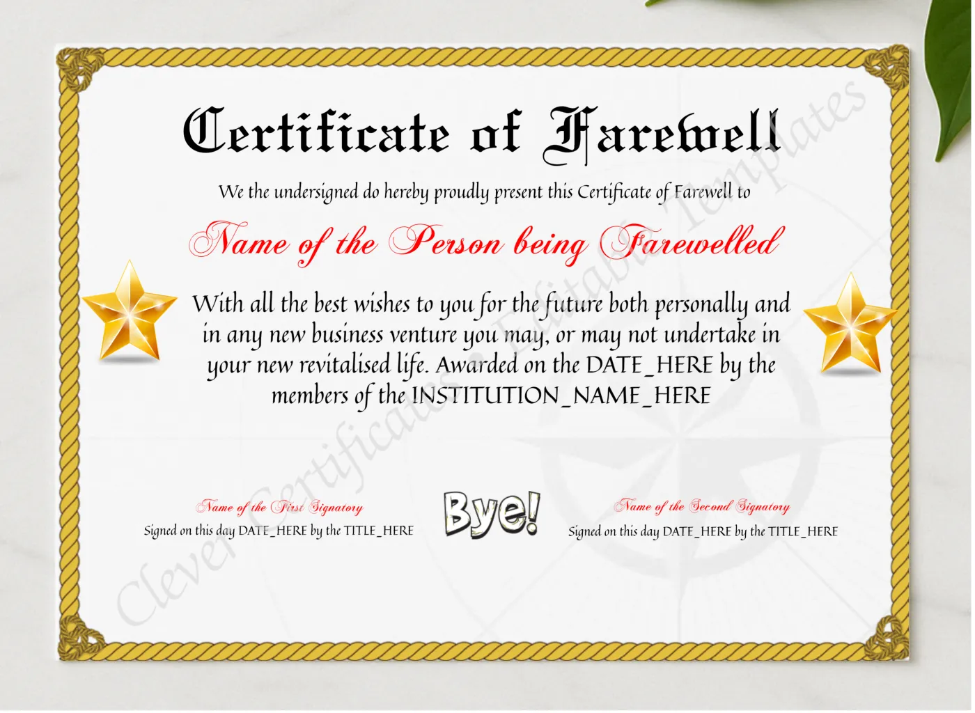 Editable Professional Certificate Of Farewell presented in a sleek wooden frame, elegantly arranged on a stylish table.