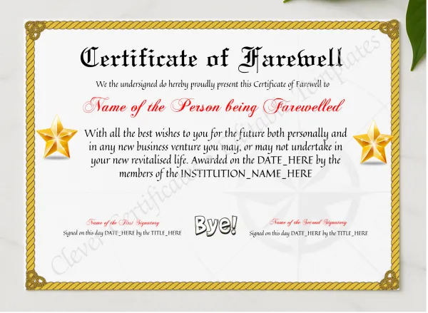 Editable Professional Certificate Of Farewell presented in a sleek wooden frame, elegantly arranged on a stylish table.