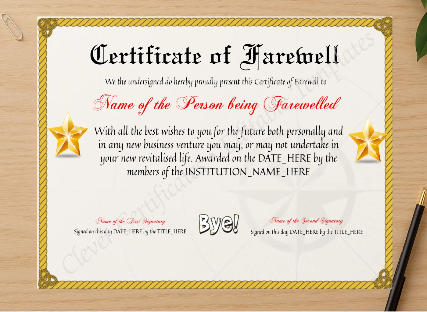 Professional preview of Editable Professional Certificate Of Farewell certificate on high-quality stationery paper, ideal for showcasing the final look.