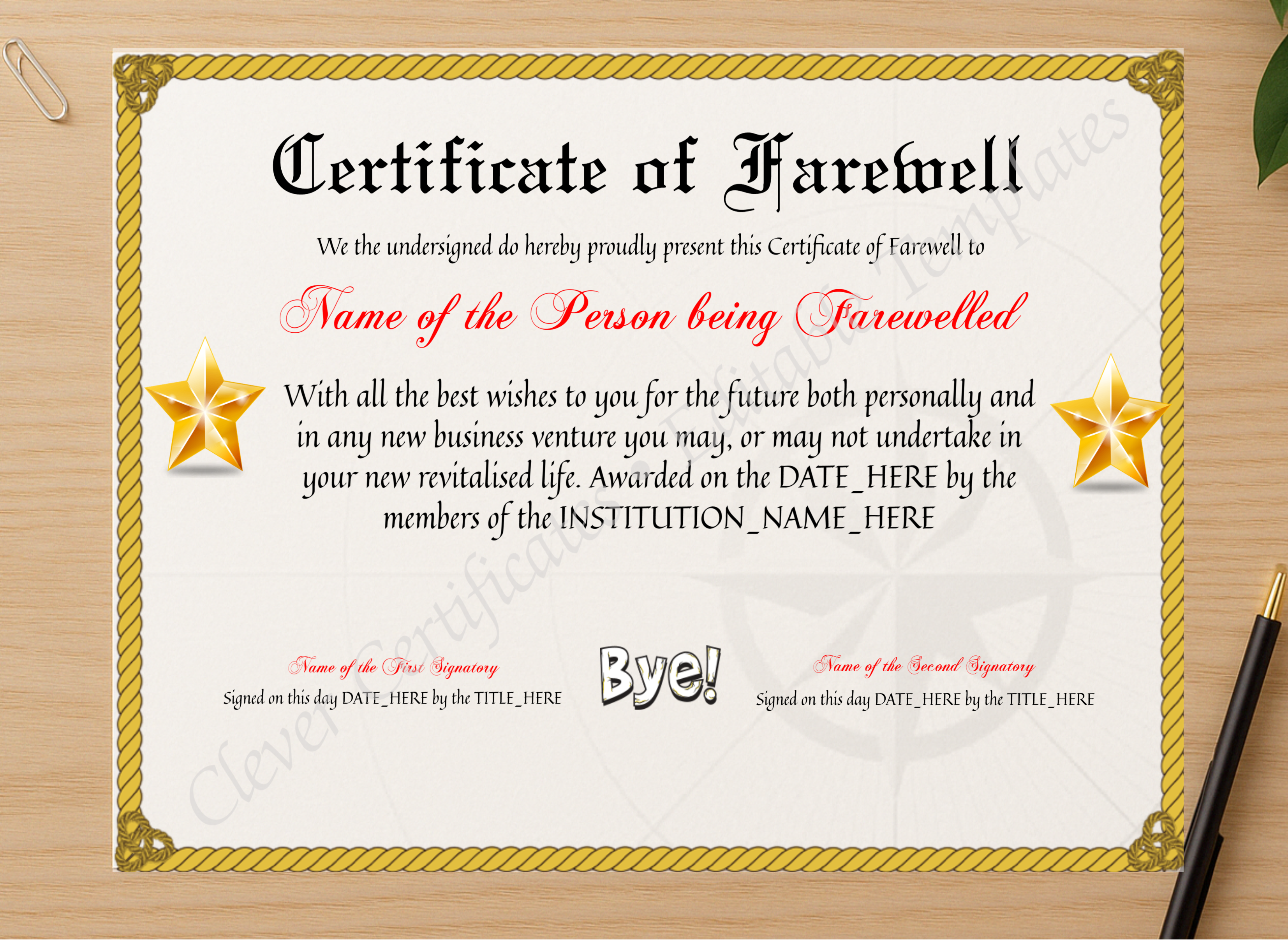 Professional preview of Editable Professional Certificate Of Farewell certificate on high-quality stationery paper, ideal for showcasing the final look.