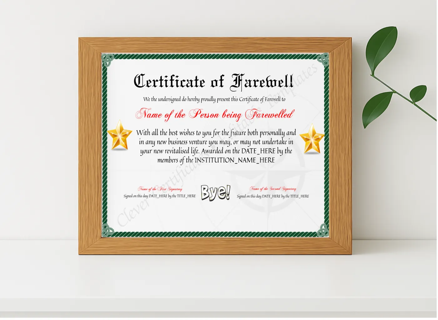 Realistic mockup featuring Printable Professional Certificate Of Farewell displayed within a modern frame, set against a minimalistic background.