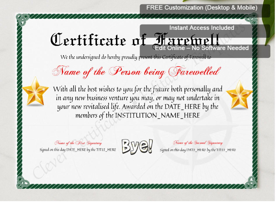 Framed preview featuring Free Editor badge stack for Printable Professional Certificate Of Farewell