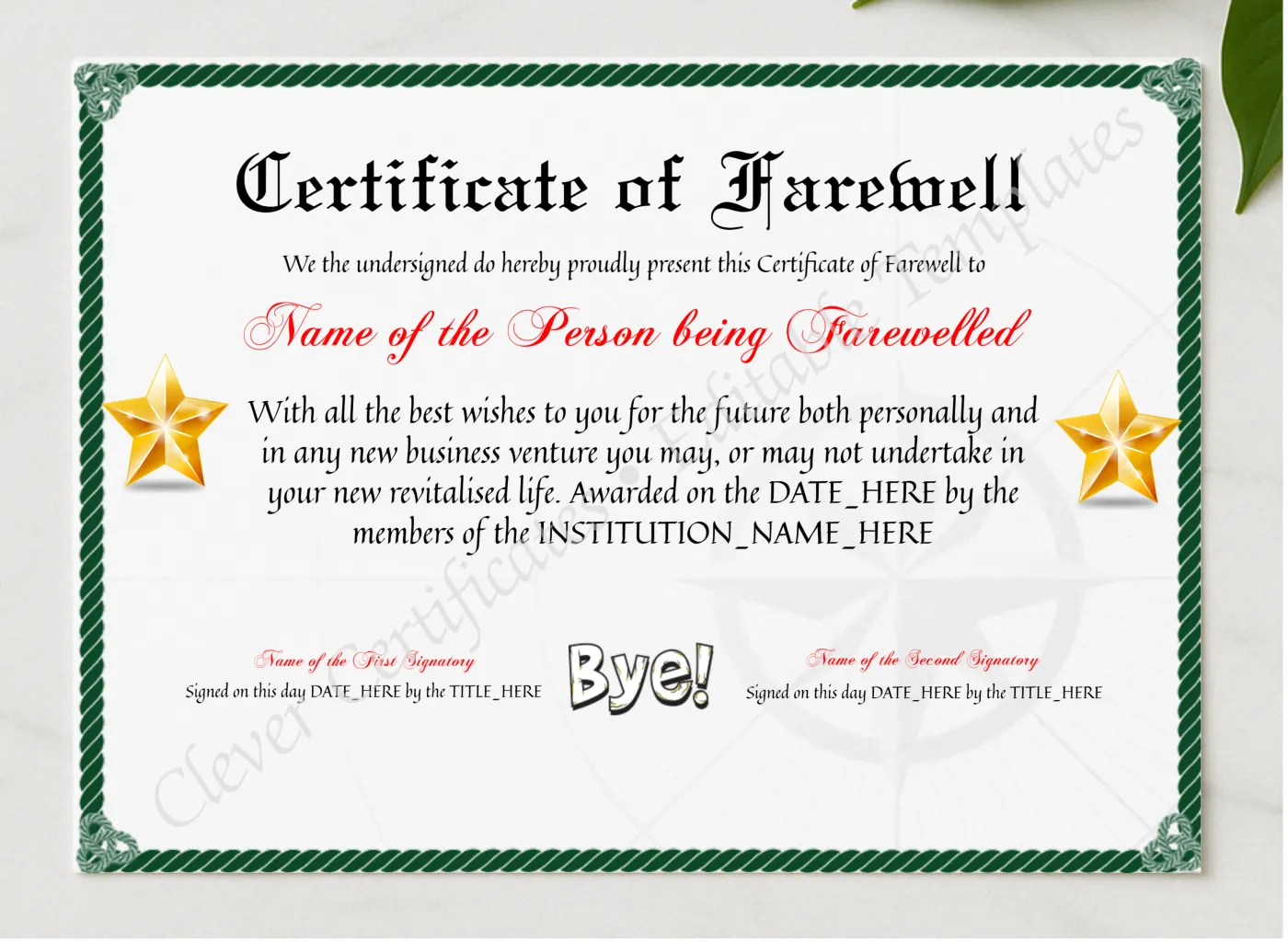Printable Professional Certificate Of Farewell presented in a sleek wooden frame, elegantly arranged on a stylish table.
