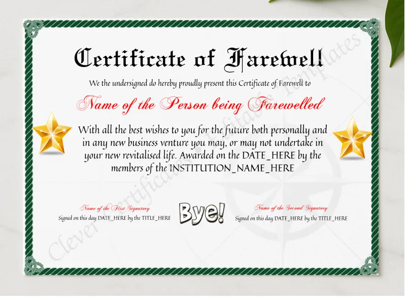 Printable Professional Certificate Of Farewell presented in a sleek wooden frame, elegantly arranged on a stylish table.