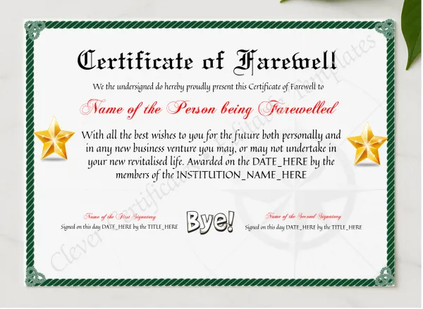 Printable Professional Certificate Of Farewell presented in a sleek wooden frame, elegantly arranged on a stylish table.