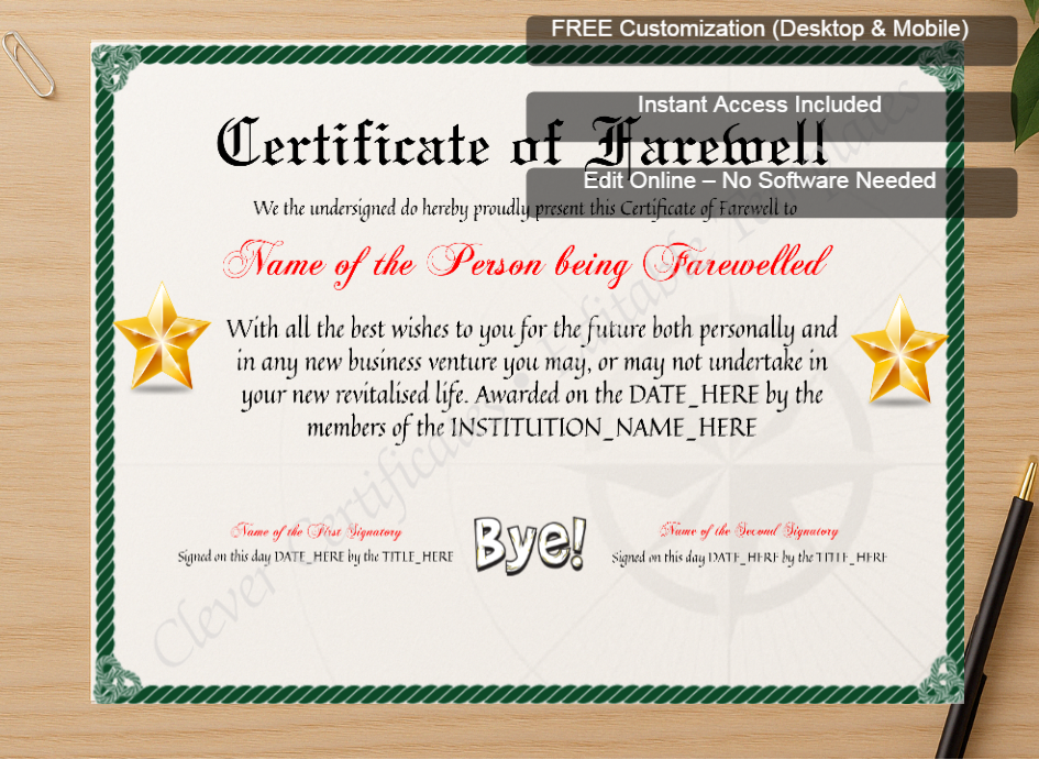 Zoomed preview with Free Editor badge stack for Printable Professional Certificate Of Farewell