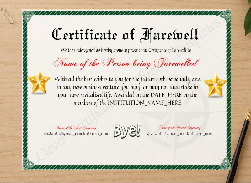 Professional preview of Printable Professional Certificate Of Farewell certificate on high-quality stationery paper, ideal for showcasing the final look.