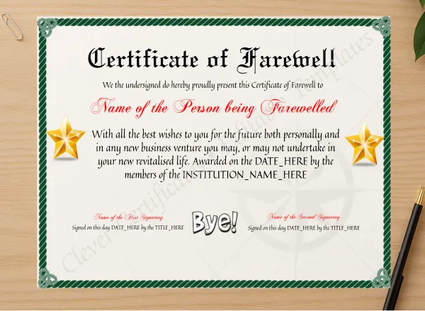 Professional preview of Printable Professional Certificate Of Farewell certificate on high-quality stationery paper, ideal for showcasing the final look.