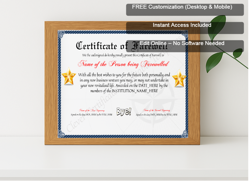 Premium mockup with Free Editor badge stack for Customizable Professional Certificate Of Farewell