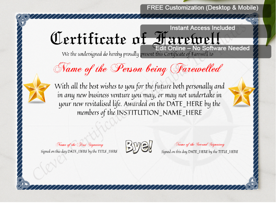 Framed preview featuring Free Editor badge stack for Customizable Professional Certificate Of Farewell