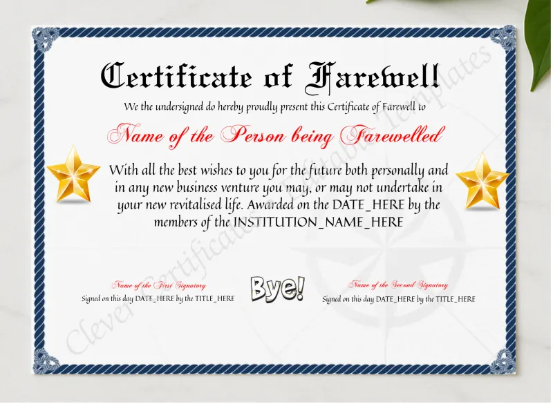 Customizable Professional Certificate Of Farewell presented in a sleek wooden frame, elegantly arranged on a stylish table.