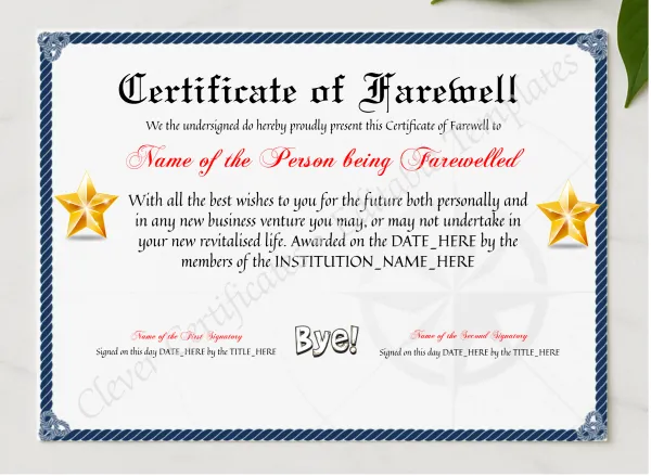 Customizable Professional Certificate Of Farewell presented in a sleek wooden frame, elegantly arranged on a stylish table.