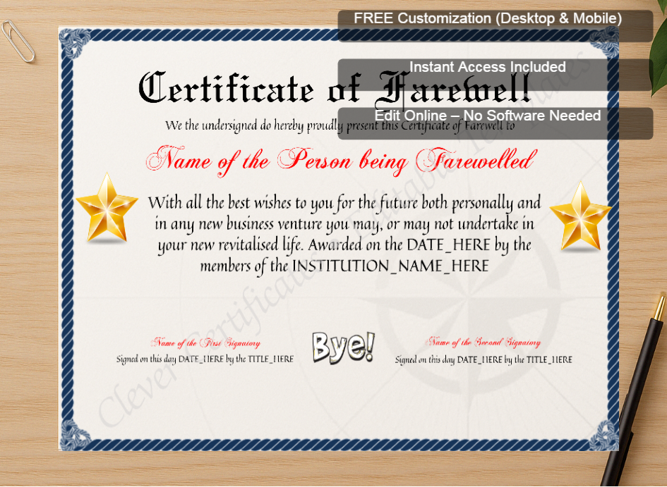 Zoomed preview with Free Editor badge stack for Customizable Professional Certificate Of Farewell
