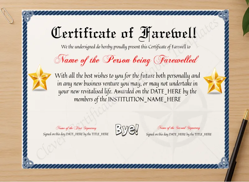 Professional preview of Customizable Professional Certificate Of Farewell certificate on high-quality stationery paper, ideal for showcasing the final look.