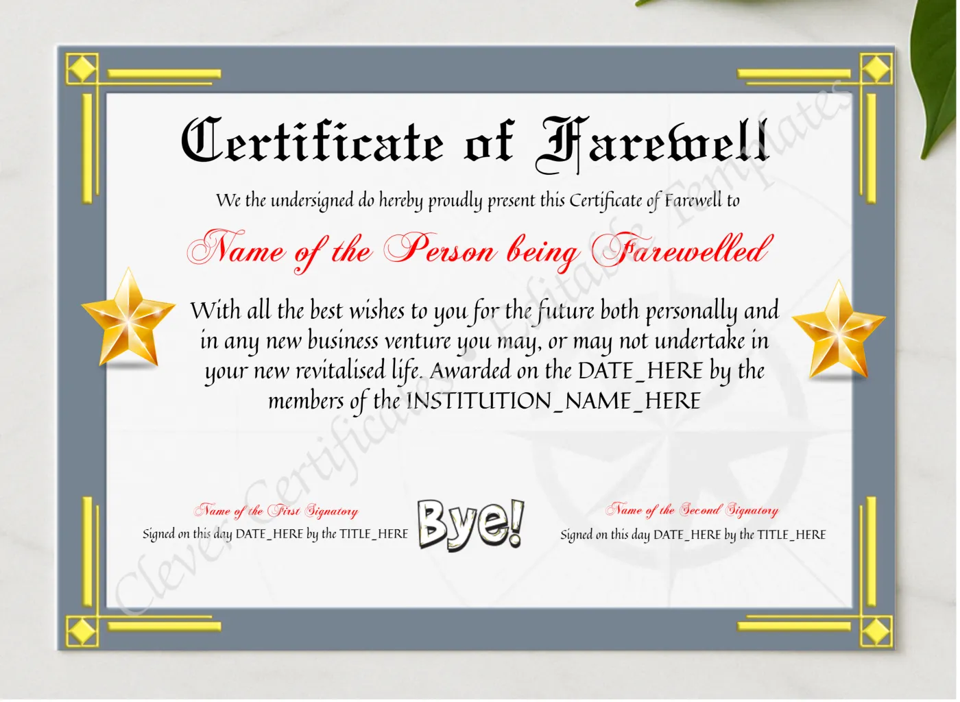 Editable Modern Certificate Of Farewell presented in a sleek wooden frame, elegantly arranged on a stylish table.