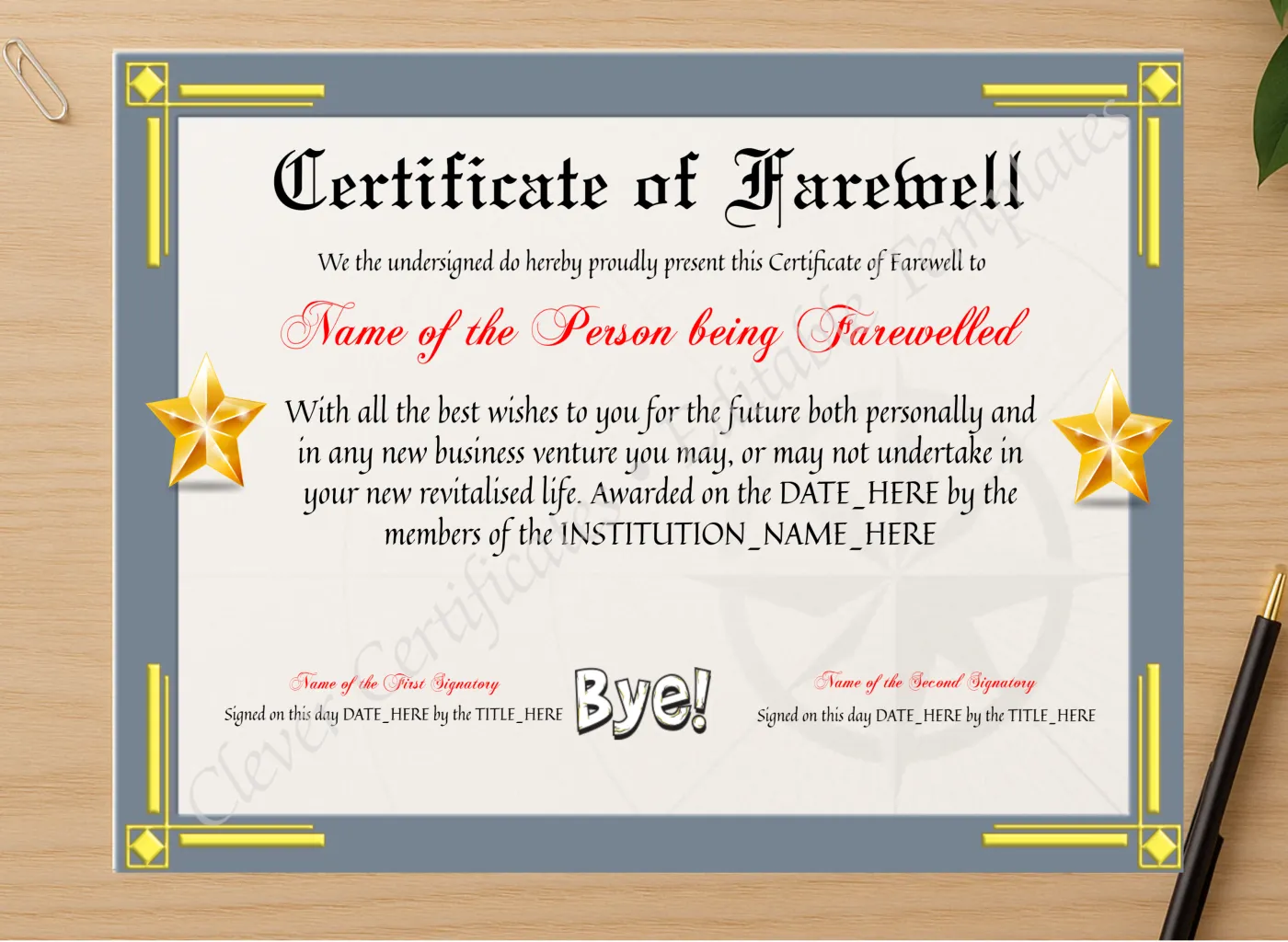 Professional preview of Editable Modern Certificate Of Farewell certificate on high-quality stationery paper, ideal for showcasing the final look.