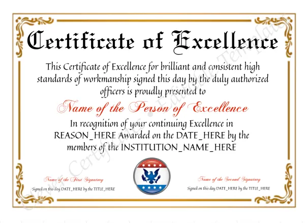 Customizable Certificate Of Excellence