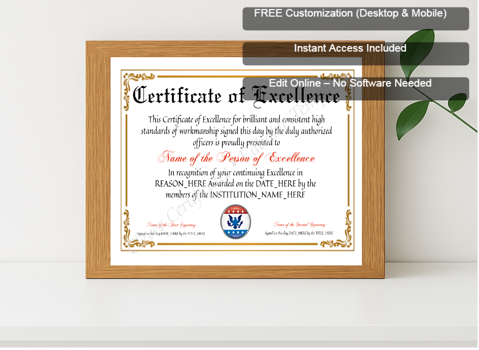 Premium mockup with Free Editor badge stack for Customizable Certificate Of Excellence