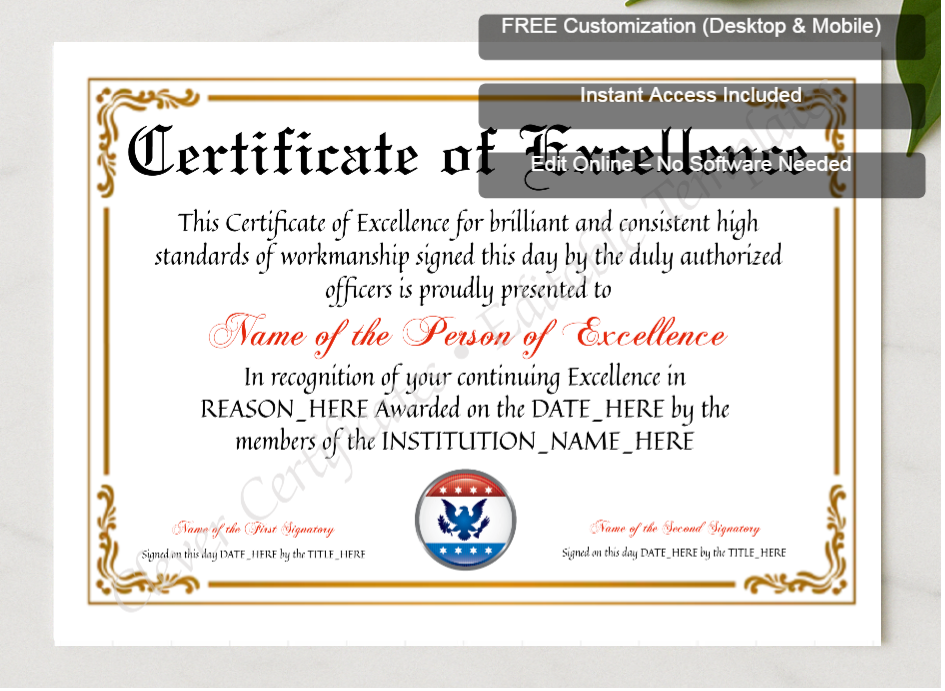 Framed preview featuring Free Editor badge stack for Customizable Certificate Of Excellence
