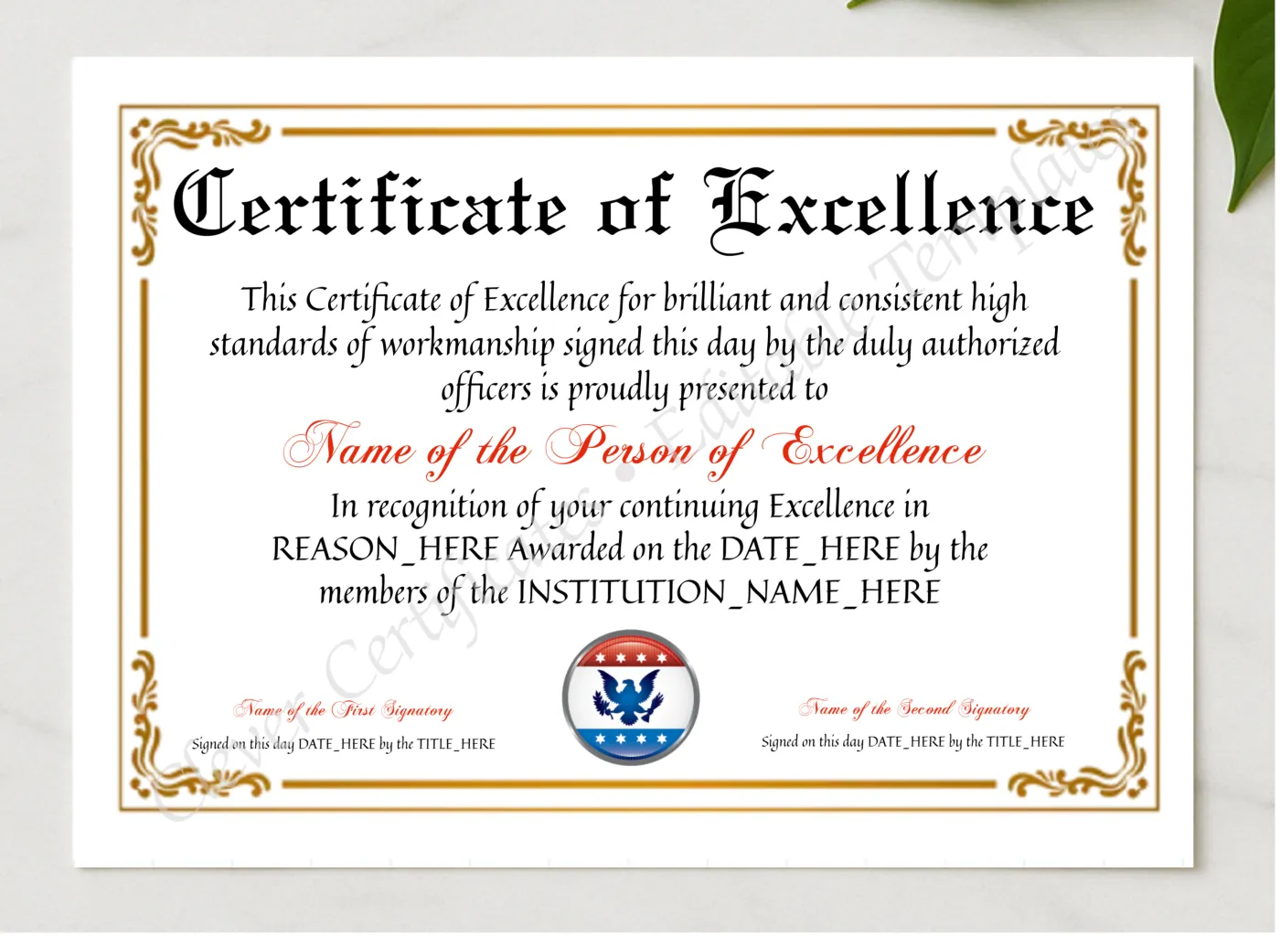 Customizable Certificate Of Excellence presented in a sleek wooden frame, elegantly arranged on a stylish table.