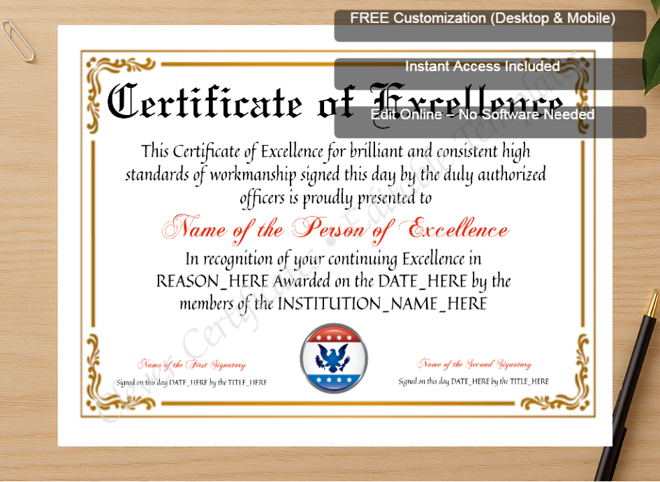 Zoomed preview with Free Editor badge stack for Customizable Certificate Of Excellence