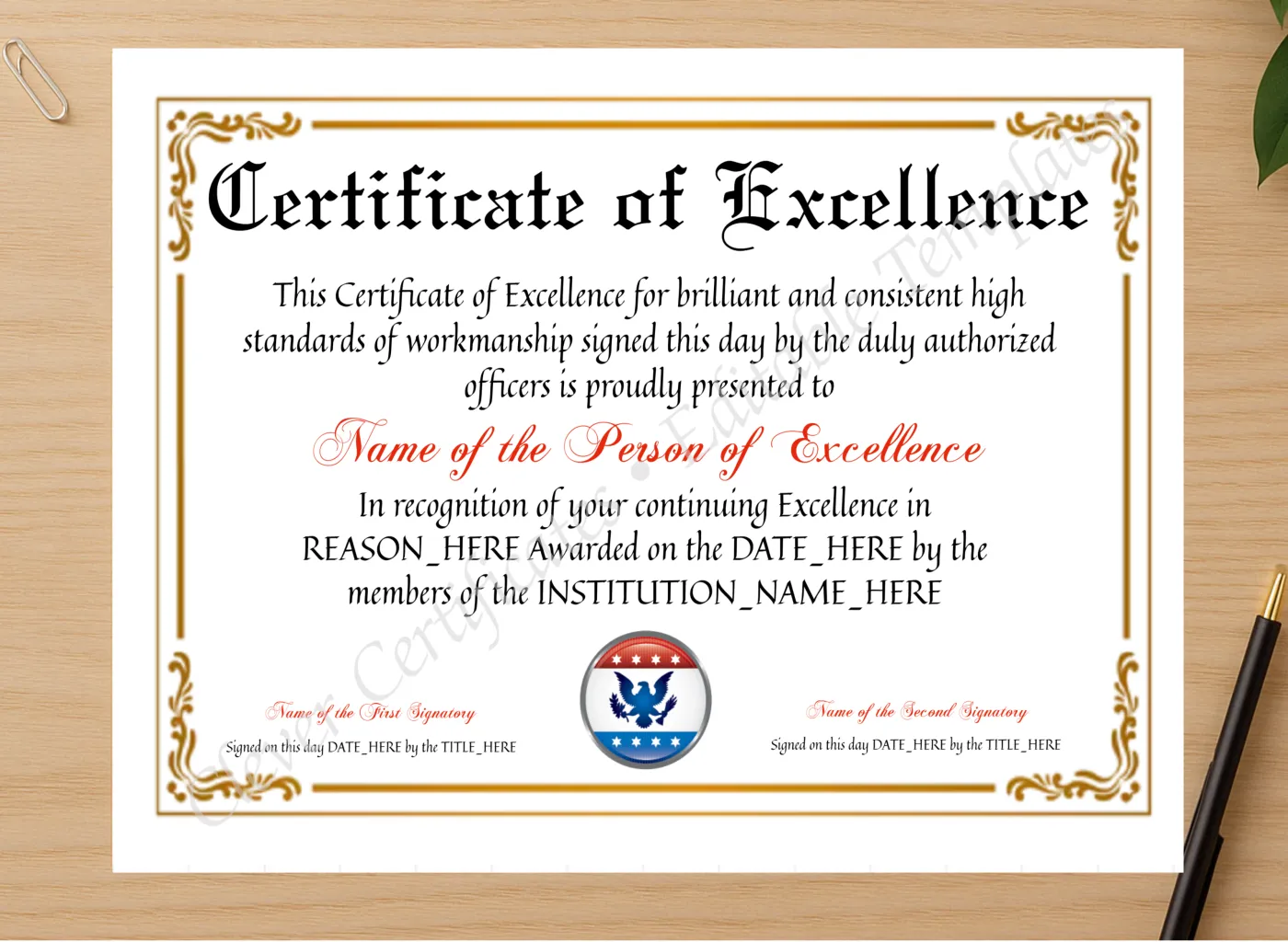 Professional preview of Customizable Certificate Of Excellence certificate on high-quality stationery paper, ideal for showcasing the final look.
