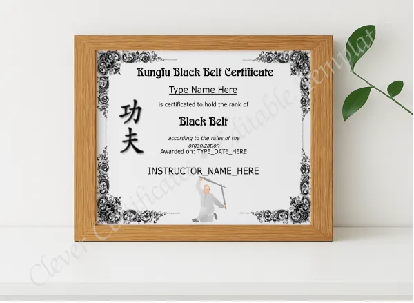 Realistic mockup featuring Kungfu Black Belt Certificate displayed within a modern frame, set against a minimalistic background.