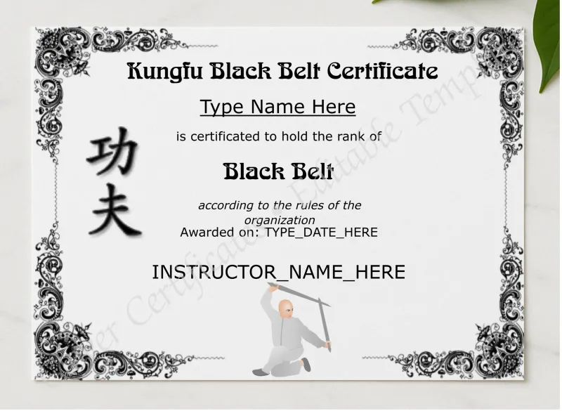 Kungfu Black Belt Certificate presented in a sleek wooden frame, elegantly arranged on a stylish table.