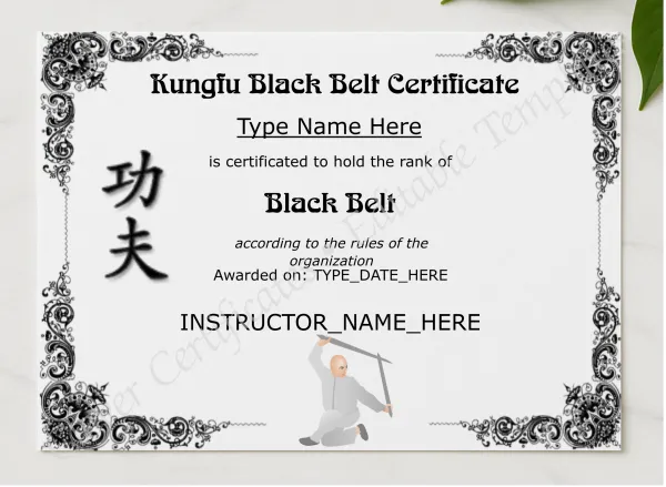 Kungfu Black Belt Certificate presented in a sleek wooden frame, elegantly arranged on a stylish table.