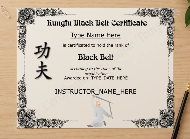 Professional preview of Kungfu Black Belt Certificate certificate on high-quality stationery paper, ideal for showcasing the final look.
