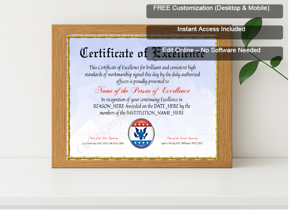 Premium mockup with Free Editor badge stack for Editable Elegant Certificate Of Excellence