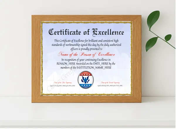 Realistic mockup featuring Editable Elegant Certificate Of Excellence displayed within a modern frame, set against a minimalistic background.