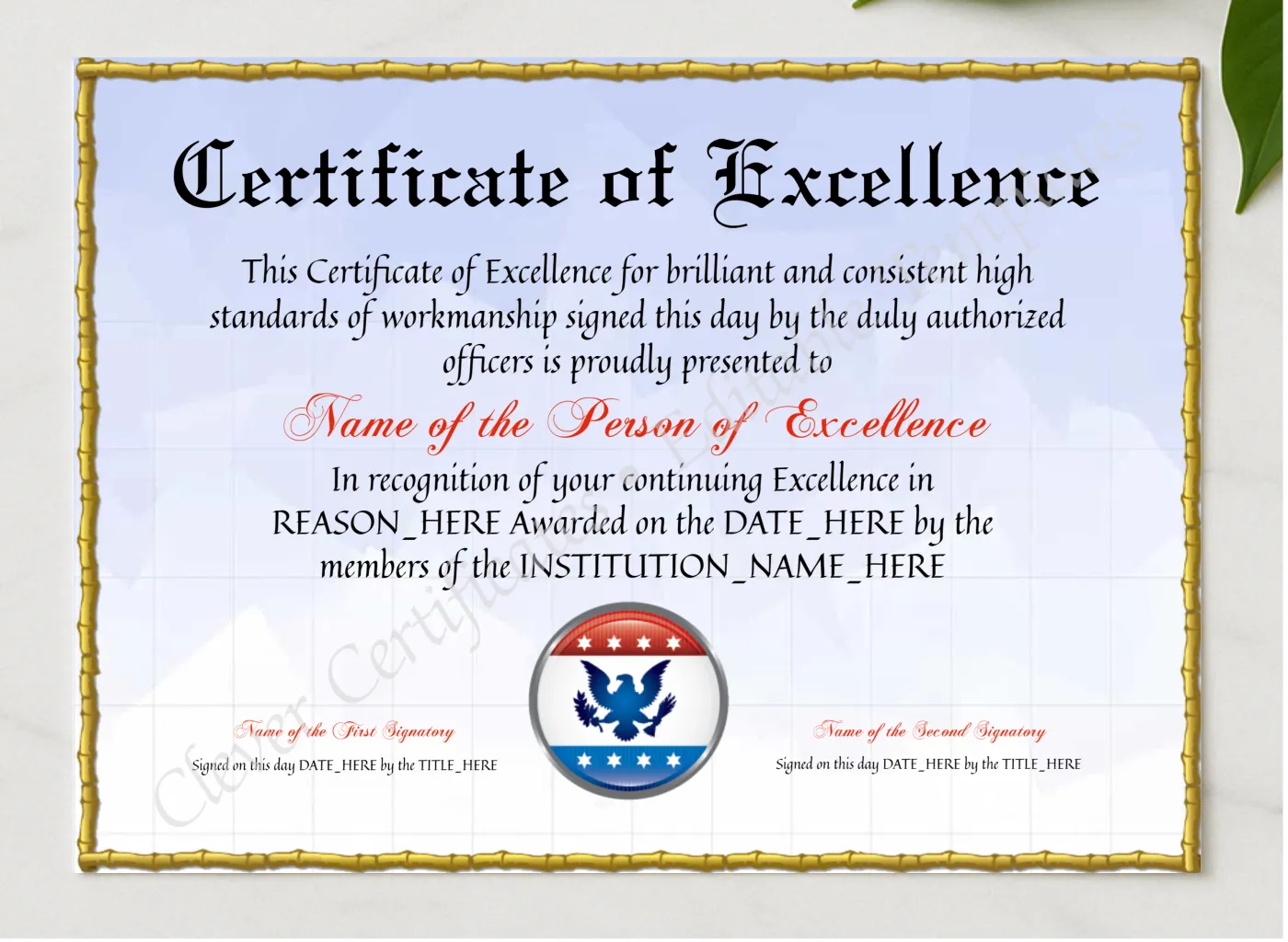 Editable Elegant Certificate Of Excellence presented in a sleek wooden frame, elegantly arranged on a stylish table.