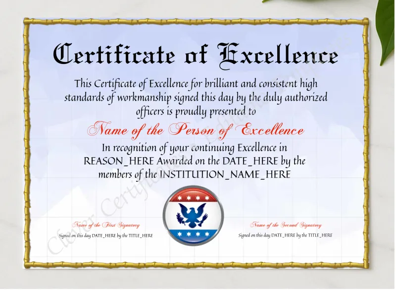Editable Elegant Certificate Of Excellence presented in a sleek wooden frame, elegantly arranged on a stylish table.