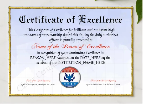 Editable Elegant Certificate Of Excellence presented in a sleek wooden frame, elegantly arranged on a stylish table.