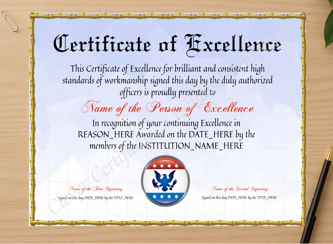Professional preview of Editable Elegant Certificate Of Excellence certificate on high-quality stationery paper, ideal for showcasing the final look.