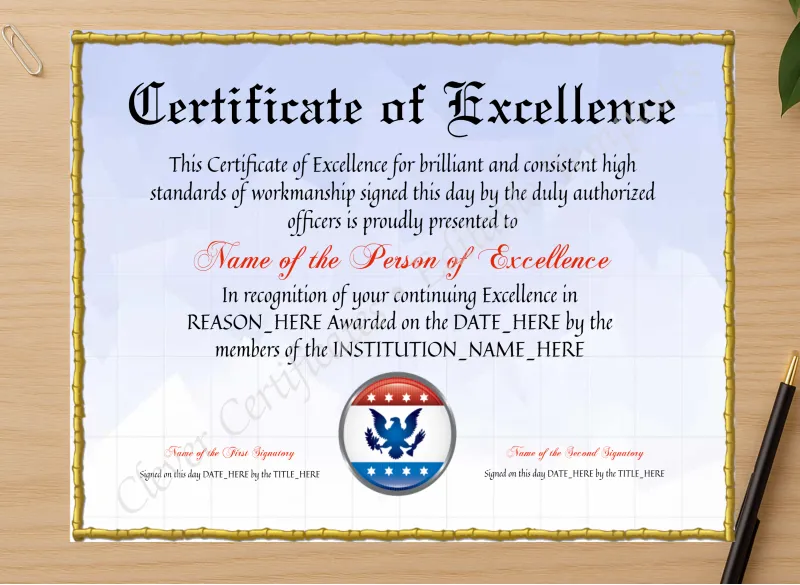 Professional preview of Editable Elegant Certificate Of Excellence certificate on high-quality stationery paper, ideal for showcasing the final look.
