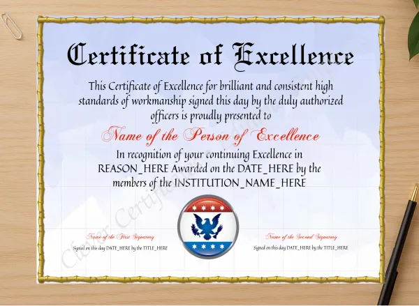 Professional preview of Editable Elegant Certificate Of Excellence certificate on high-quality stationery paper, ideal for showcasing the final look.