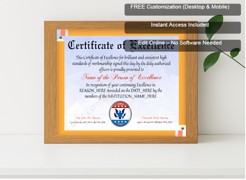 Premium mockup with Free Editor badge stack for Printable Elegant Certificate Of Excellence