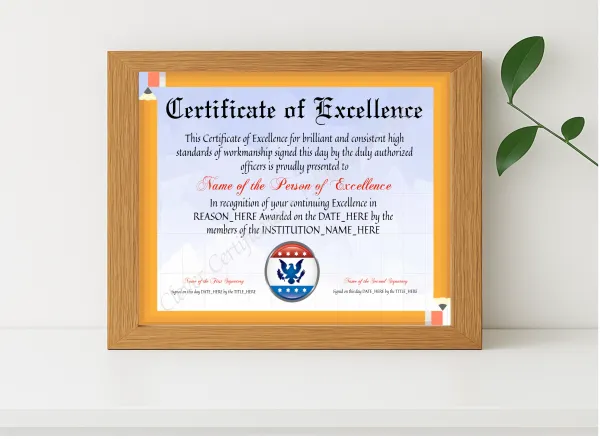 Realistic mockup featuring Printable Elegant Certificate Of Excellence displayed within a modern frame, set against a minimalistic background.