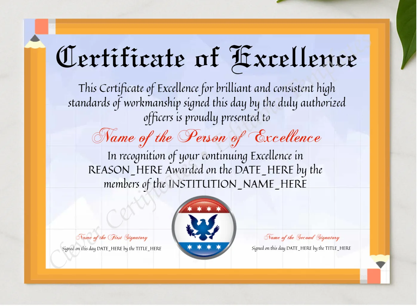 Printable Elegant Certificate Of Excellence presented in a sleek wooden frame, elegantly arranged on a stylish table.
