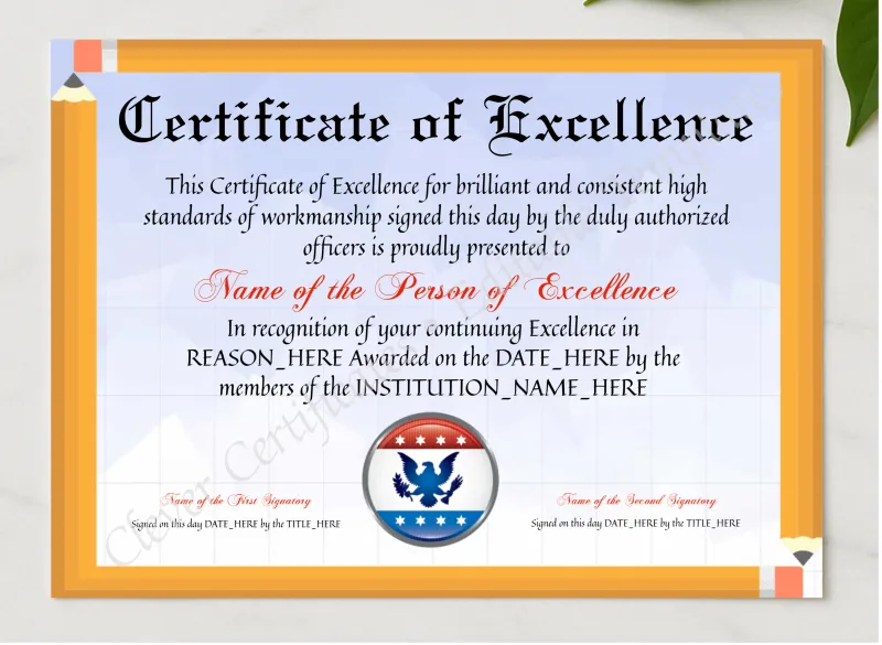 Printable Elegant Certificate Of Excellence presented in a sleek wooden frame, elegantly arranged on a stylish table.